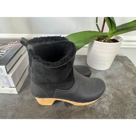 No. 6 Pull-on Shearling Wood Clog Boots on Mid Heel Black Suede Women's 38 - Picture 4 of 8